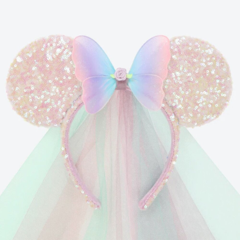 Disney Parks Butterfly Fairy Minnie Mouse Ears Iridescent Pink Sequin with Veil